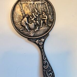 Vintage Silver Tone Hand Mirror Art Nouveau Compact Vanity